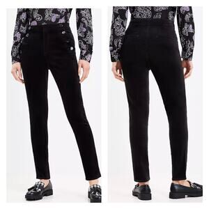 Loft Curvy Fit Mariner Black Velvet High-Waisted Button Detail Pants Size 28